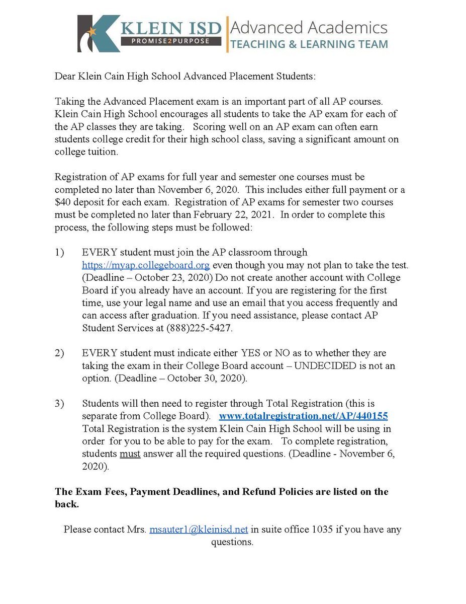 All AP Students:
Please read the attached AP Bulletin to register and pay for your 2021 AP exams. <a href="/KleinCain/">Klein Cain HS</a> <a href="/Klein_Cain_PTO/">Klein Cain PTO</a> <a href="/KISD_Counselors/">Klein ISD Counselors</a>