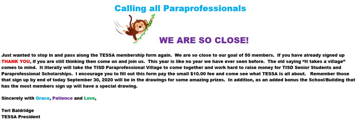 TESSATISD's tweet photo. A message from our TESSA president ... Pls contact me directly for a membership form. https://t.co/DSLJbHdwNZ