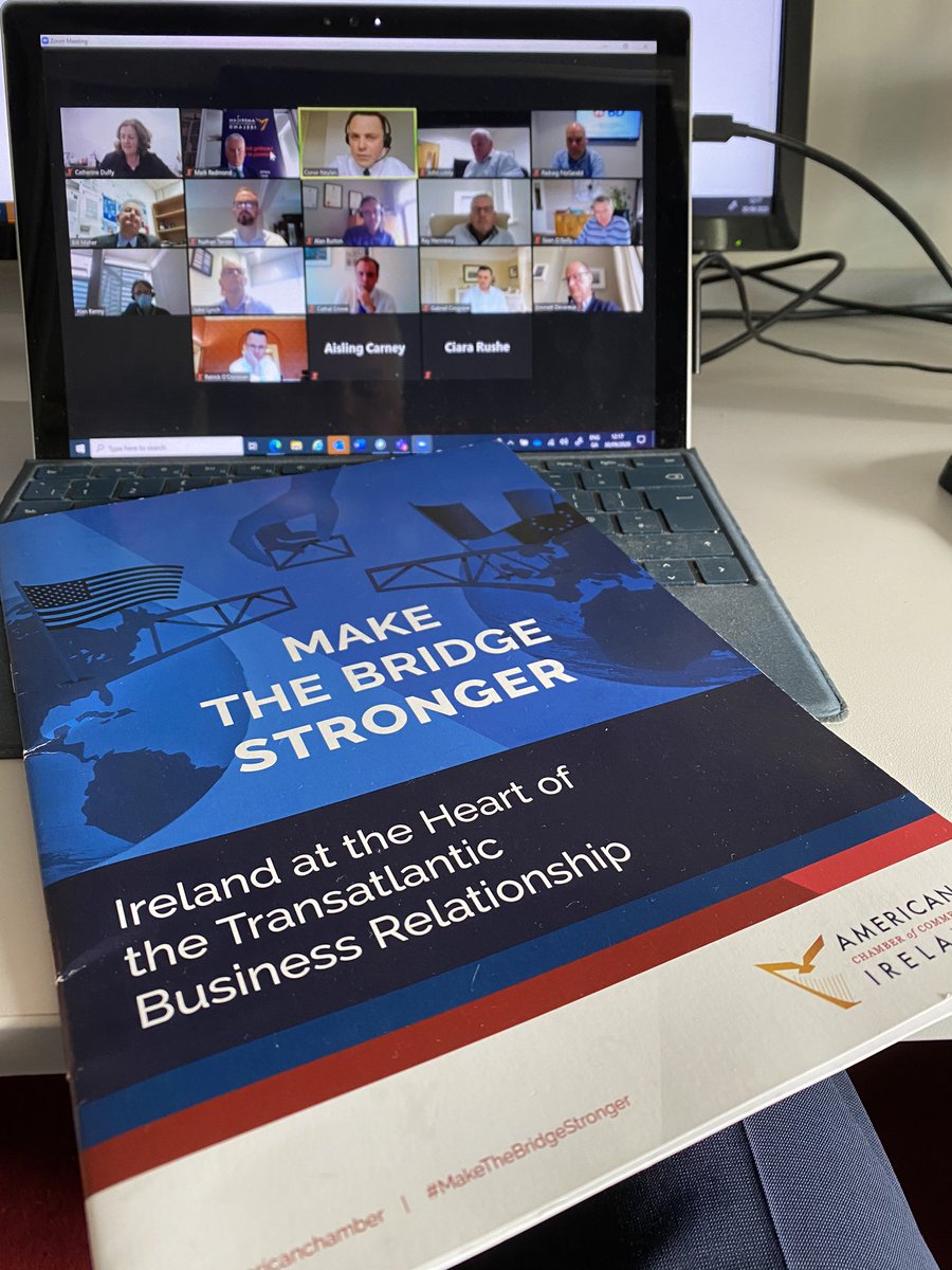 AmericanChamber's tweet photo. Excellent discussion this morning with Minister @podonovan & @CathalCroweTD , our #MidWest Chair Catherine Duffy @NorthernTrust & our #Clare #Limerick #Tipperary members on the role our members are playing during the pandemic & on road to economic recovery #MakeTheBridgeStronger https://t.co/ULH7QrZYkJ