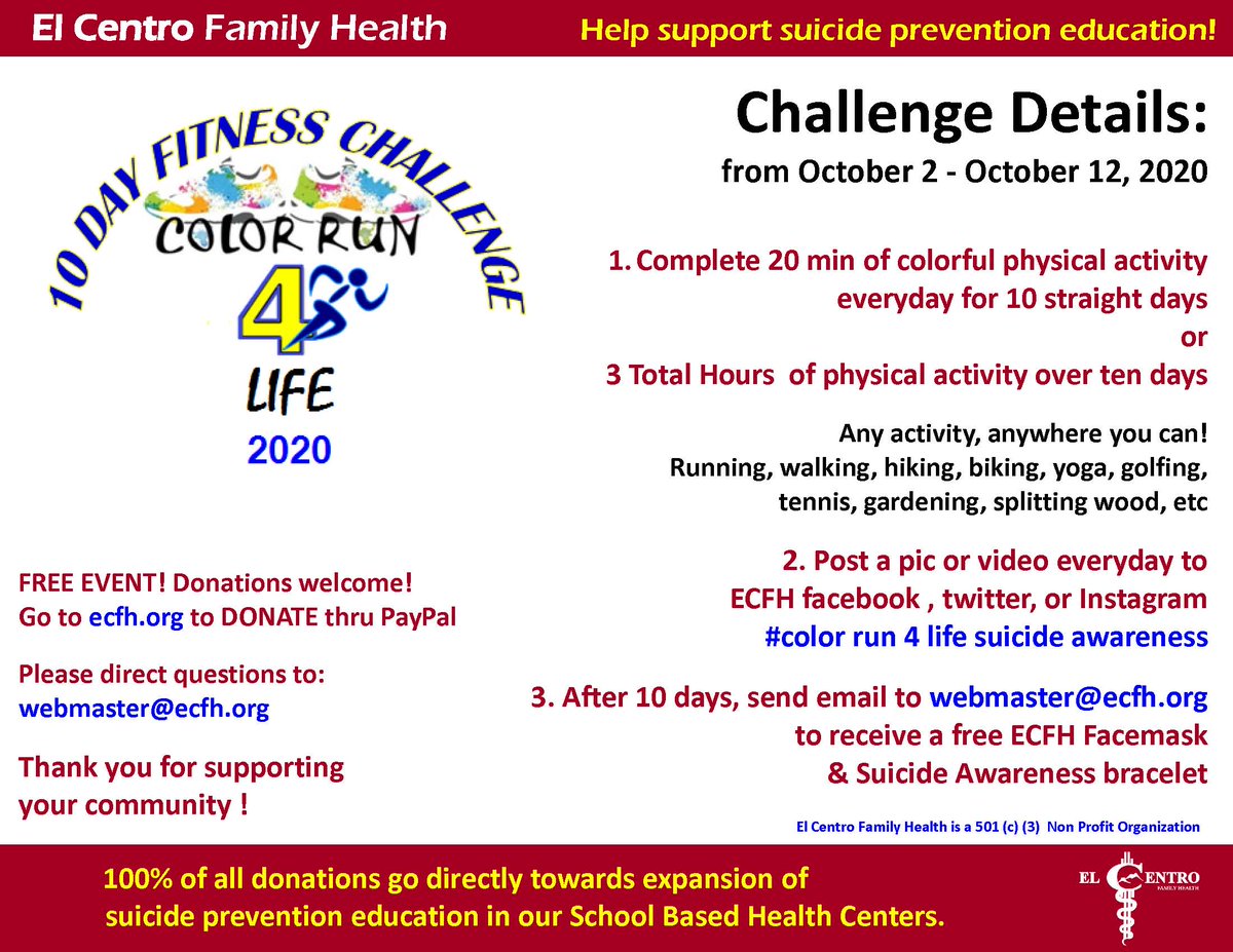 The challenge starts in 3 days! Send us a picture of your first "colorful activity" that day as part of the challenge (at webmaster@ecfh.org) or reply to this post!