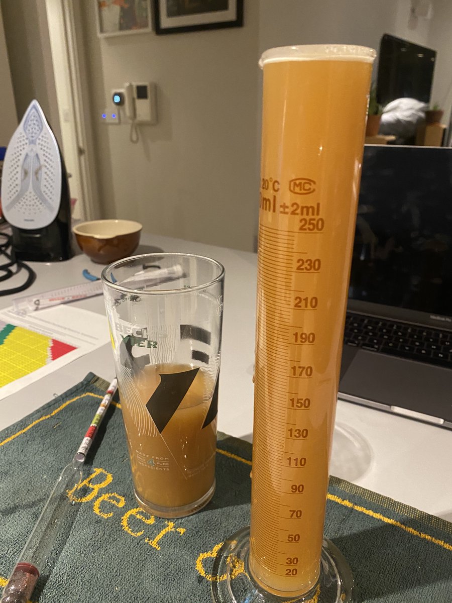 Metahertz's tweet photo. #FirstBrew #BeerUpdate Forgot to post this weekend, took another sample Sunday, minor change from Friday to 1.012. Looks like fermentation had pretty much finished on Friday. Transferred to a new keg with Co2 to cold crash. 1/2 https://t.co/sFB3hafLOF