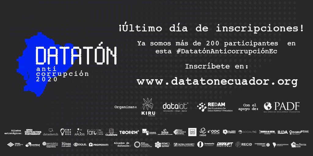 FundacionKiru's tweet photo. Hoy finalizan las inscripciones para el #DatatonAnticorrupcionEc! Ingresa a https://t.co/GtWNTdmUk0, regístrate y se parte de la co-creación de ideas, historias y propuestas que evidencien la transparencia y la lucha contra la corrupción en Ecuador.
#transparencia #corrupción https://t.co/wydVeADi0o