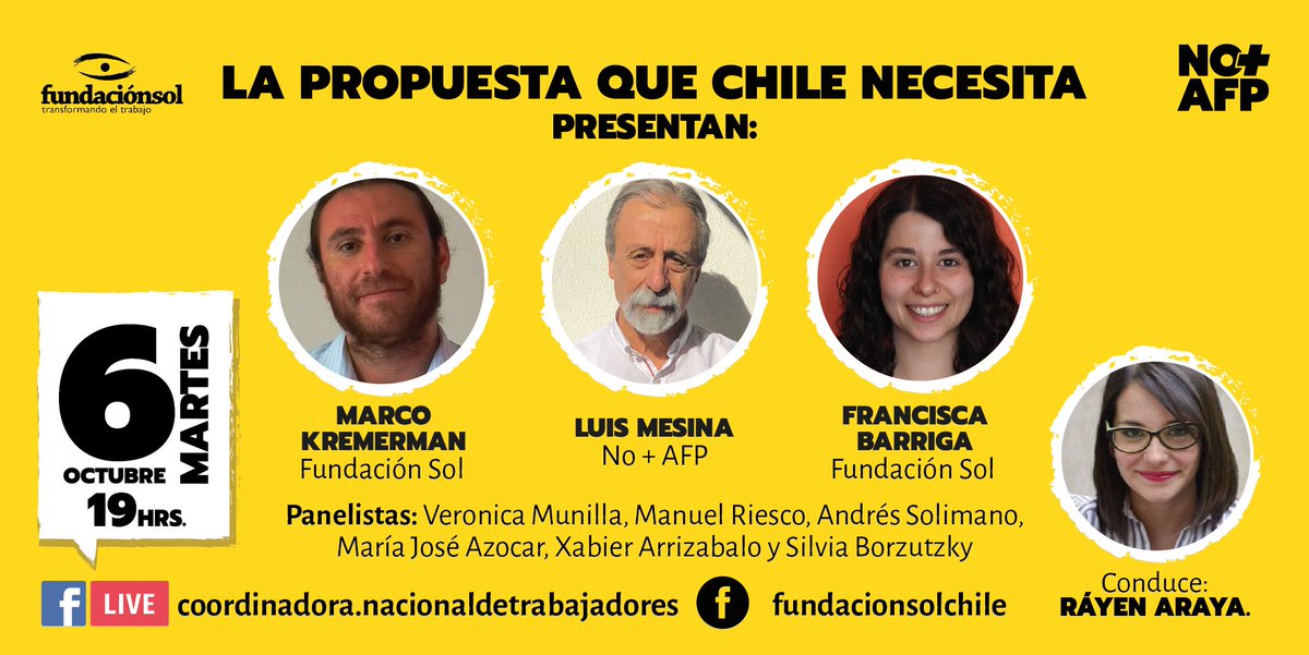 CNT_NOmasAFP's tweet photo. 🔴 LA PROPUESTA PREVISIONAL QUE CHILE NECESITA: Las y los invitamos al relanzamiento de la propuesta de seguridad social de #NOmasAFP y @lafundacionsol, este próximo martes 6 de octubre a las 19:00 hrs. Nos acompañará un panel de expertas y expertos, conducido por @rayenaraya 🙌 https://t.co/r0YhSzm98F