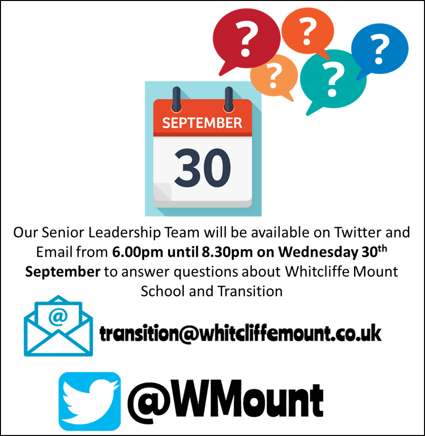 WMount's tweet photo. And don't forget that we will be live at 6.00pm until 8.30pm to answer any questions about Whitcliffe Mount and/or transition. Join us on Twitter @WMount or email us at transition@whitcliffemount.co.uk! #JoinTeamWhitcliffe #EnjoyAchieveCelebrate https://t.co/hiUw65I7Xi