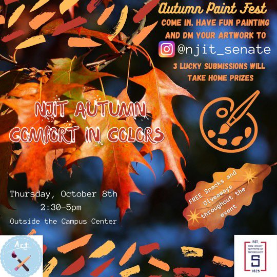 Our second IN PERSON event will be an Autumn Paint Fest with the Senate and Art Club! Stop by the outdoor tables behind the Campus Center next Thursday, 10/8th between 2:30-5 to paint whatever your heart desires! Don’t forget to grab free snacks and Senate swag before you go!