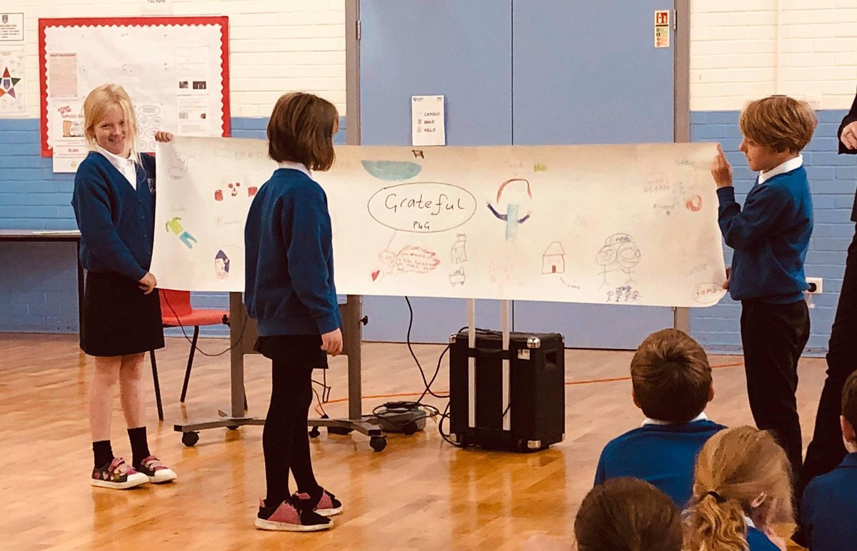 PriorsfordPS's tweet photo. As part of our Building Resilience programme, we were looking on the bright side at assembly today. P4 shared all the things they were grateful for- including our family, friends, pets, school, our homes and having clean water. 😊 @GCWellbeing https://t.co/ytPUsT2oHN