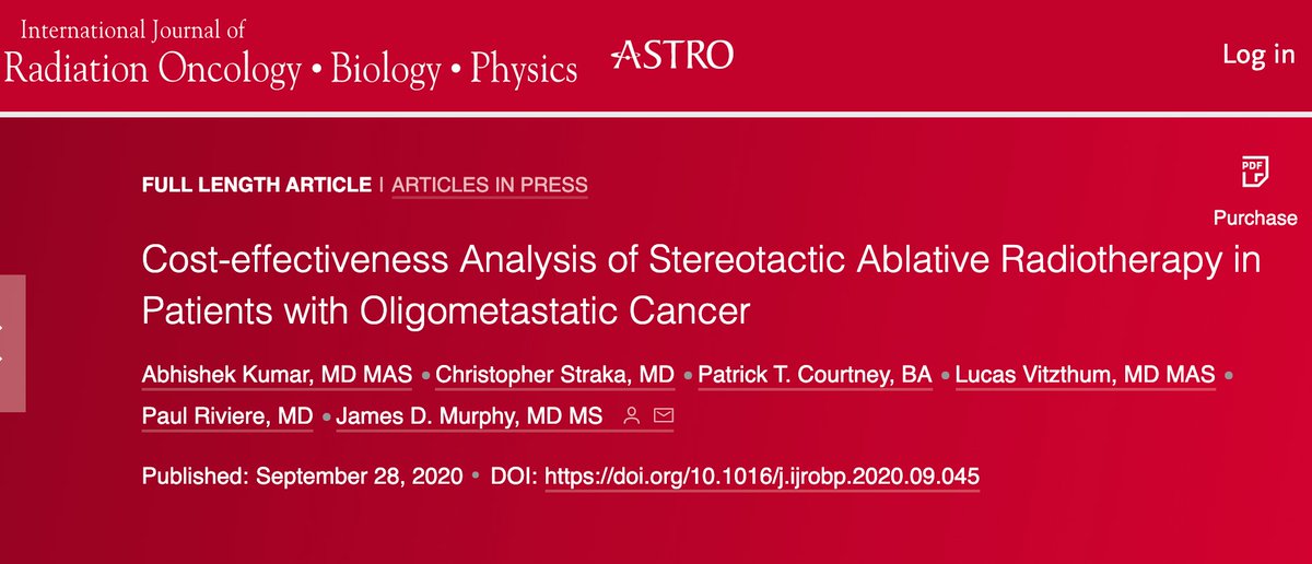 My 1st *Tweetorial*! We investigated cost-effectiveness of adding SABR to standard tx for pts with oligometastatic dz. Manuscript out in  #RedJournal!TL;DR – Adding SABR was robustly cost-effective under a wide array of assumptionsLink:  https://www.redjournal.org/article/S0360-3016(20)34347-9/fulltext1/n