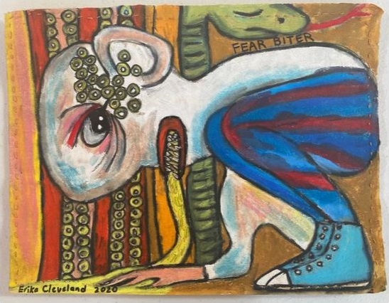 AthenaeumNVFAA's tweet photo. "Fear Biter" by Erika Cleveland, Gouache, watercolor crayon, embroidery floss stitching, 9” x 12”, $250. #covidart #artgallery #artsalx #alexandriava #oldtownalexandriava #art #washingtondc #northernvirginia #maryland #virginia #forsale #dmvartists #dccreatives  #artdc #mydccool https://t.co/OP2qtPToJX