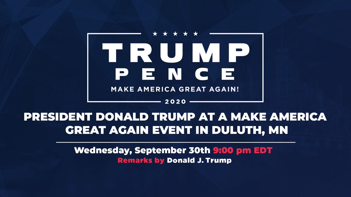 TeamTrump's tweet photo. TONIGHT: Watch President @realDonaldTrump's Remarks from our Make America Great Again Event in Duluth, Minnesota at 9:00 pm ET!

RSVP: https://t.co/0laAmmGVN1

#TeamTrump https://t.co/ZxNiGHVTx4