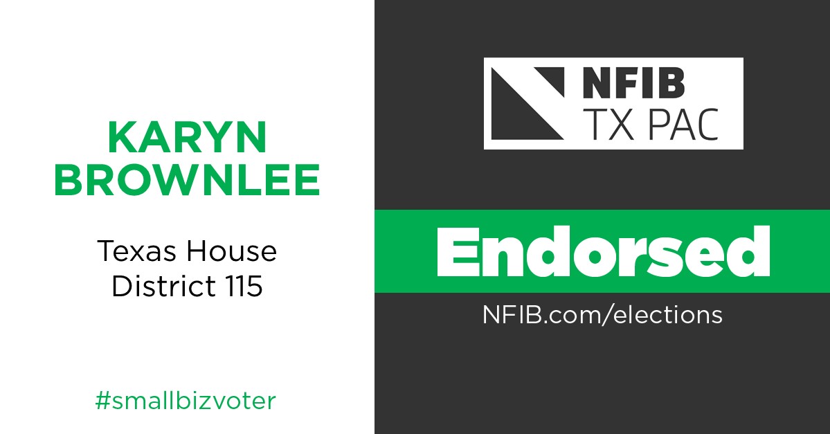 nfib_tx's tweet photo. NFIB TX PAC is proud to endorse @KarynforTexas for HD115. #smallbizvoter #txlege https://t.co/1r6WdeskPc