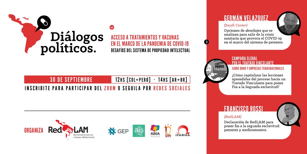 somosRedLAM's tweet photo. ::HOY:: Segundo día de los Diálogos Políticos
12 hs de Perú y Col - 14 hs de Br y Arg

Con @scgva2011, Campaña Global por el Tratado Vinculante sobre DDHH y empresas transnacionales y Francisco Rossi de @ifarma 

¡Anotate para participar o seguila por las redes de ReLAM! https://t.co/M8XmCM5xdk