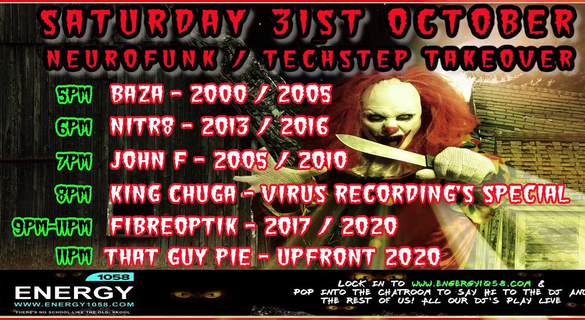 djnitr8's tweet photo. A date for your Diary as we bring you the Halloween Takeover an evening of nasty beats and basslines 7 hours of top class DJ, s top class tunes only on @energy1058
@djnitr8 @fibreoptikdj @DJJohnF83
#Baza #Kingchuga #ThatGuyPie
#dnb #Neurofunk #Techstep #Halloween2020 ๐ฅ๐ฅ๐ฅ https://t.co/g1OiPUYUbl