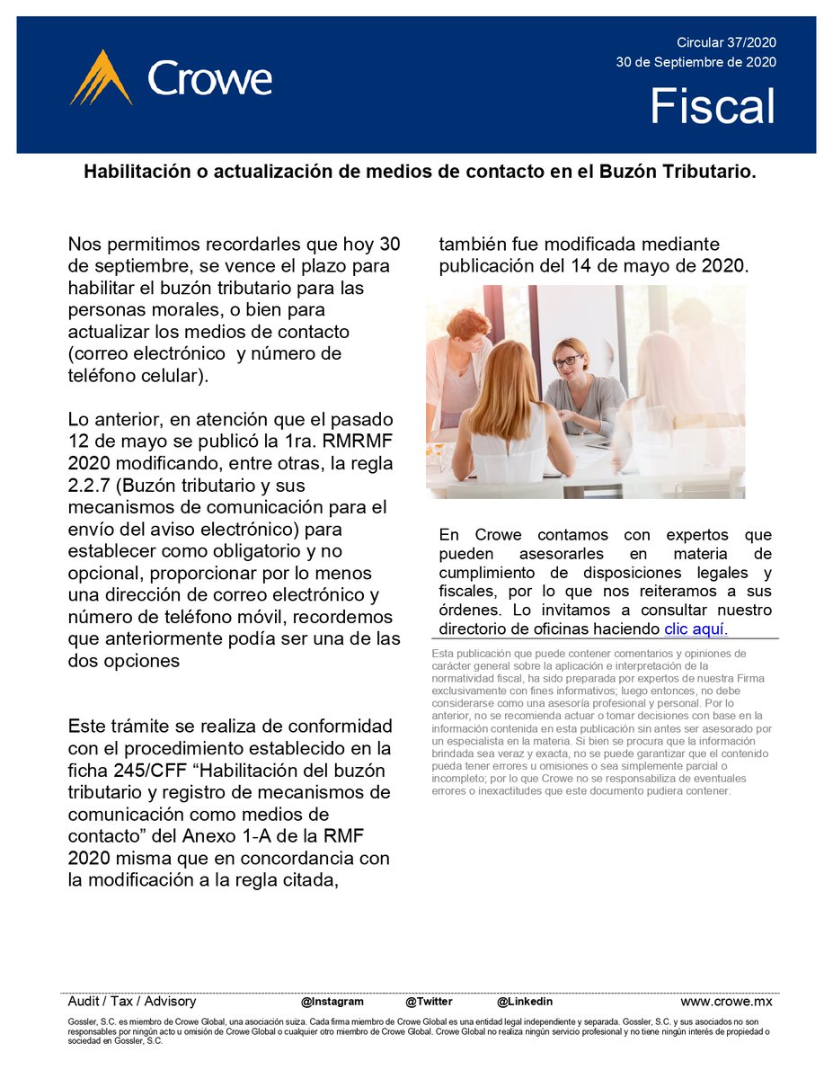 CroweFiscalMx's tweet photo. Consulta nuestra Circular Fiscal relacionada con el Buzón Tributario. 30 de septiembre vence plazo! #crowemexico https://t.co/1TP0D3l2SI