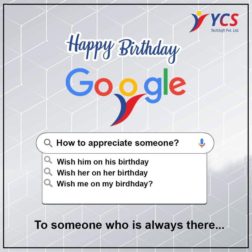 YCSTechSoft's tweet photo. 𝗛𝗮𝗽𝗽𝘆 𝟮𝟮𝗻𝗱 𝗕𝗶𝗿𝘁𝗵𝗱𝗮𝘆 𝗚𝗢𝗢𝗚𝗟𝗘 !

#ycstechsoft #ycstechsoftpvtltd #google #birthday #digitalmarketingagency #websitedevelopment #graohicsdesign #logodesigner #softwaredevelopement https://t.co/IG0nJa1Gws
