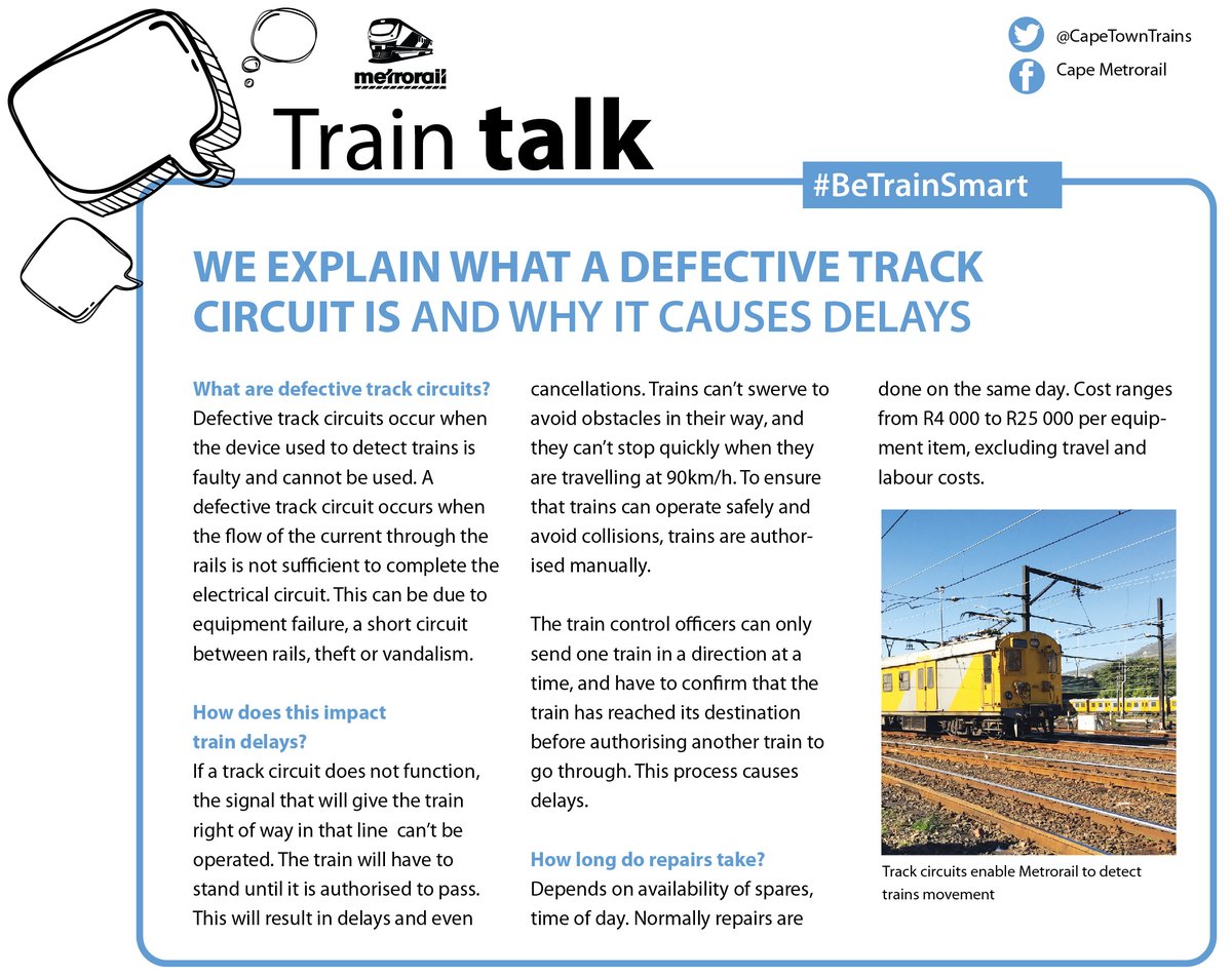 MetrorailWC's tweet image. #MetroMatters #TrainTalk Did you know? We explain what a defective track circuit is and why it causes delays. #BeTrainSmart