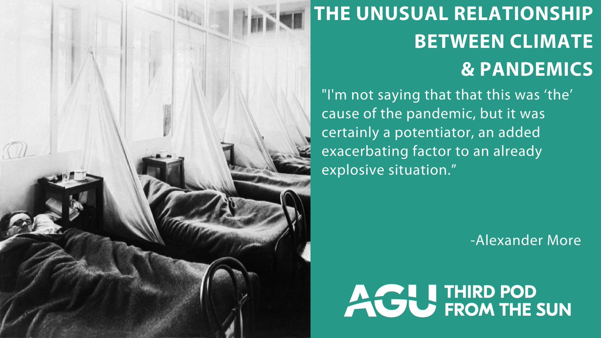 AGU_SciComm's tweet photo. Climate change affects everything we do now. But what if this isn’t a recent occurrence? What if...it influenced WWI & the Spanish Flu.
Hear @natureofalex explain how changes in Earth’s climate potentially worsened these events https://t.co/Kvga4EkplA #ScComm #Podcast https://t.co/ljJzSyS1W1