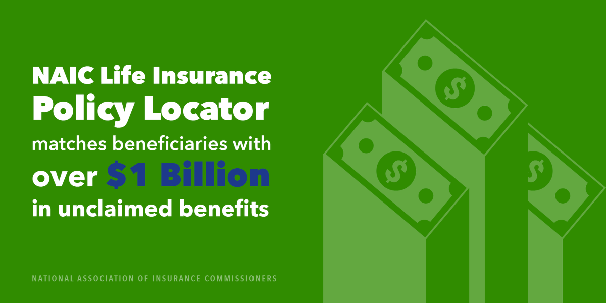 naic's tweet photo. The NAIC Life Insurance Policy Locator (LIPL) has helped match over $1B in unclaimed benefits to beneficiaries. #LIPL https://t.co/xxVLIEcDux https://t.co/1rjgZpCOY2