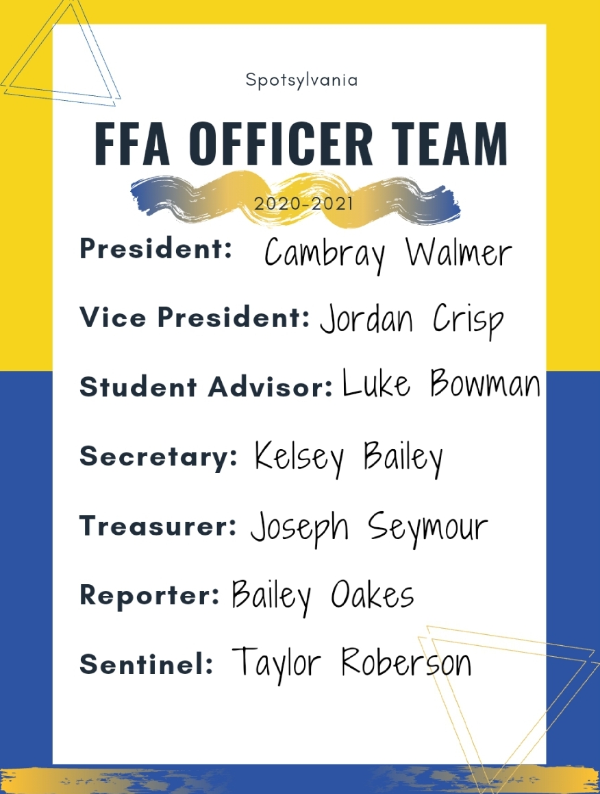 SpotsyFFA's tweet photo. We are excited to announce the 2020 - 2021 Spotsylvania FFA Chapter Officer team! Stay tuned for more club information. https://t.co/3IlNQVeEqa