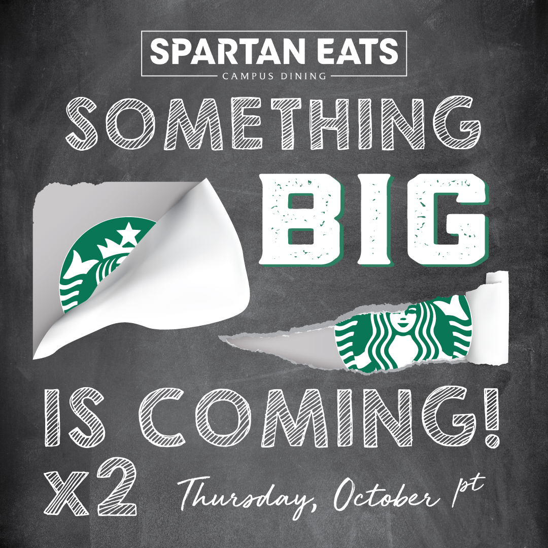 _SpartanEats's tweet photo. Can anyone guess what is opening TOMORROW!?! Better yet….where? 🤔
#SpartanEats #boostmyday #BoostMobile #Starbucks #StayPositive #StayHealthy #Fall2020 #MasksUp #StrongerTogether #ButSixFeetApart #chartwellshighered #wherehungrymindsgather https://t.co/lvsl17rjUI