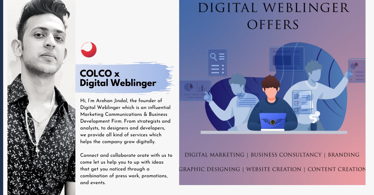 ColcoApp's tweet photo. Meet Arohan, the founder of Weblinger, a 360 degree solutions firm for all your digital problems!
Connect and collaborate with him to let him help you come up with innovative ideas to push your brand!
#colco #collabviacolco #talentisthenewcurrency #talentseriesbycolco https://t.co/WBWHIabTIg