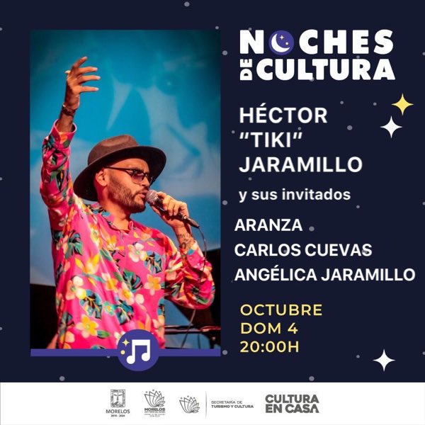 JaramilloKar's tweet photo. Este domingo a las 20 hrs. #nochesdecultura presenta a  Hector Tiki Jaramillo y sus invitados @AranzaOficial , @carlos_cuevas y Angélica Jaramillo. https://t.co/4LMc3oMbKP