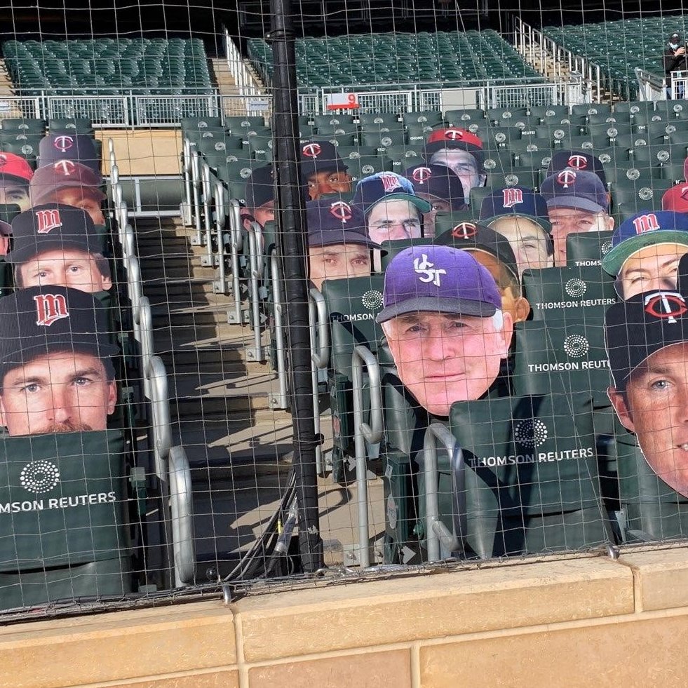 TommieBase's tweet photo. Watching the @Twins today??  Check out legendary former @UST_Baseball Coach Dennis Denning in the stands on ESPN2 today at noon! 🐐 #GOAT #ROLLTOMS https://t.co/TWmVuwgUyw