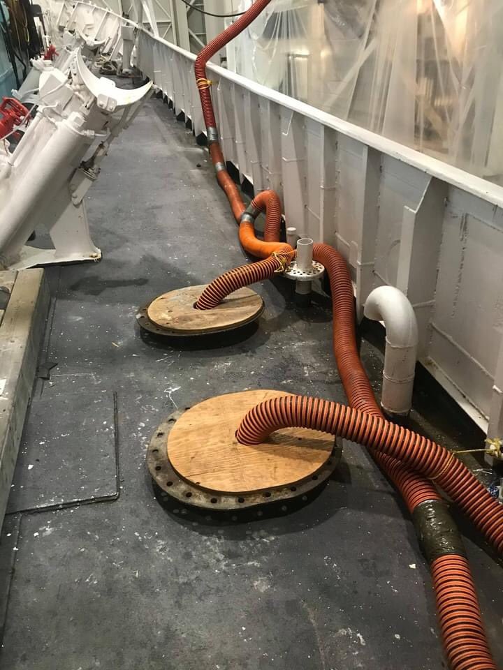 HMCSSACKVILLE1's tweet photo. From #ThePaintLocker on FB: the hull was cleaned last weekend, and sacrificial anodes have been removed. The hull has been marked up to indicate areas needing (or not needing) attention, and void spaces are being ventilated to allow safe access. #SackvilleRefit2020 https://t.co/dQVmh4EPGV