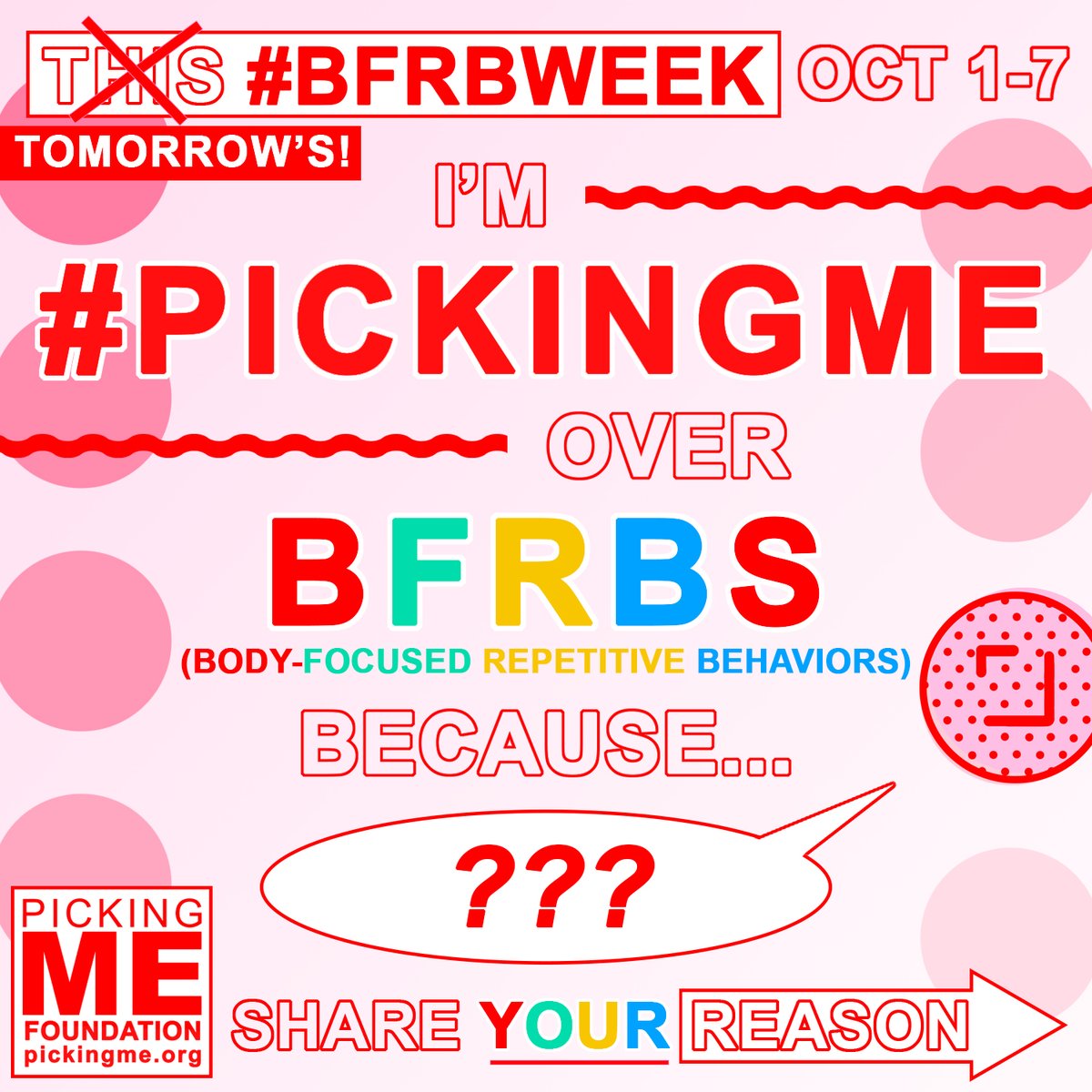 PickingMeFdn's tweet photo. 🎉 TOMORROW! 🎉
Happy #BFRBweek eve! This year, we asked you to finish the sentence "I'm #PickingMe over BFRBs because..." &amp; we're blown away by your answers. We'll be featuring your #BFRB #advocacy pledges, plus #BodyFocusedRepetitiveBehavior awareness facts  from oct 1-7. https://t.co/3SBWCdIEDm