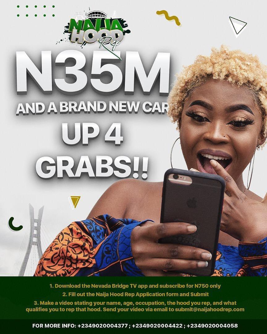 NotYetBack's tweet photo. Oya gather around ooo make we set scores on how to make it 😊 , win 35 million 💴 and a brand new car 🚘 by just repping your hood #Whereyourep! 🤔
Download the @nevadabridgetv app, subscribe for just 750 Naira to register online @naijahoodrep.👌 https://t.co/Shc1e8SkKq
