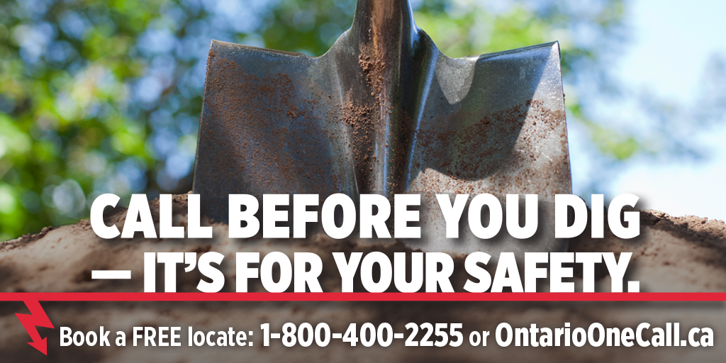 TorontoHydro's tweet photo. Planning yard work? Utility lines could be buried on your property.
Remember to contact @ON1Call to determine the location of underground electrical equipment.
#CallOrClickBeforeYouDig #DigSafe https://t.co/T5Svlbg97u