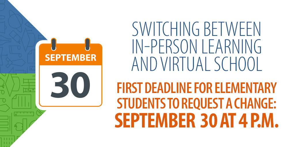Reminder: the deadline for elementary students to request a switch between the Virtual School and in-person (in-school) learning is today at 4 p.m. 

Learn more here ➡️ bit.ly/3i4HiTW