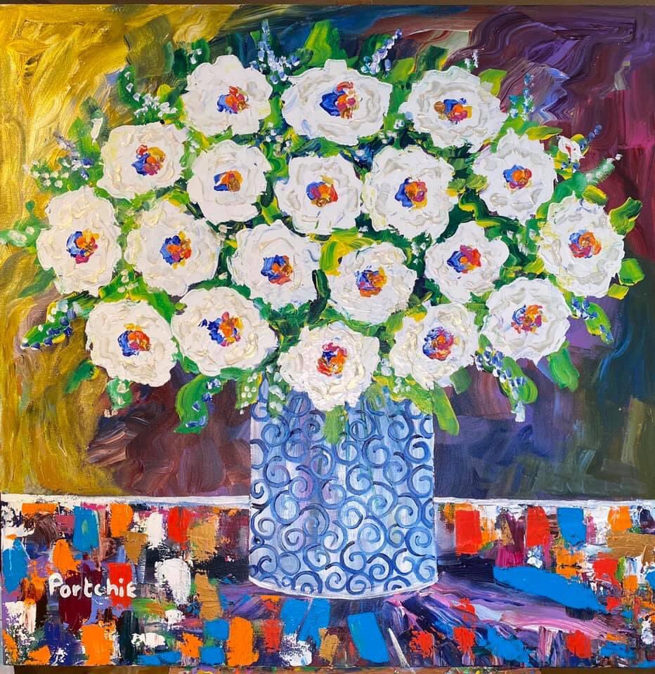 IamPortchie's tweet photo. White roses in a blue and white vase. 800 x 800 available @IamPortchie #portchie #roses #art https://t.co/izWmTWpASF