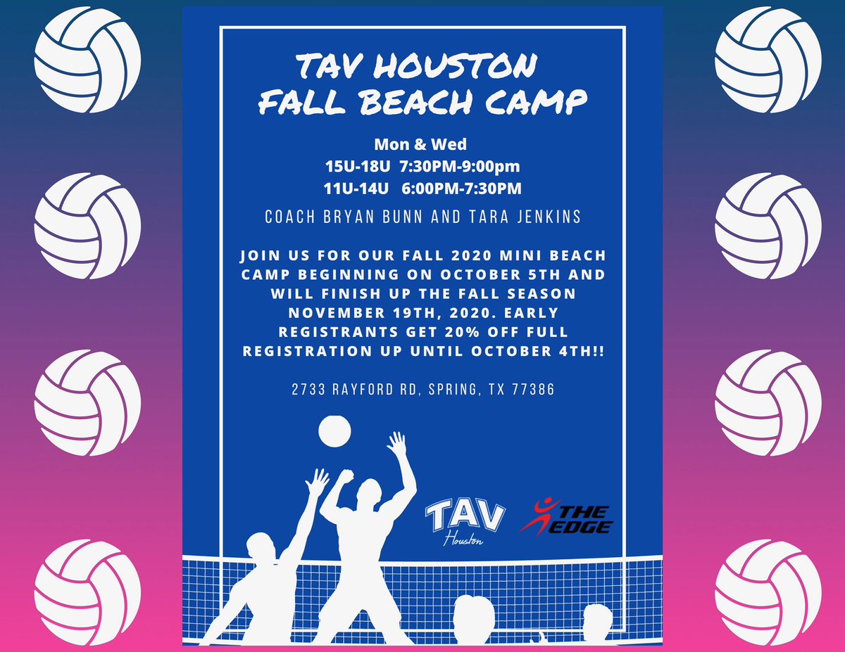 TAVHouston's tweet photo. Register now 4 Fall Beach ๐ ๐ session ๐
https://t.co/tyGKz6dvuv
Mon/Wed
11-14U: 6-7:30p
15-18U: 7:30-9p
Coaches:
Bryan Bunn (NCAA win % .700+ ๐บ ๐ป๐ฆ
& Beach Savant)
Tara Jenkins (4 yr ULM ๐ฆ
VB In & Outdoor)
Disc price before Oct 4!
#NextLevel
#TAVHoustonBeach
#GetSandy https://t.co/YaMpKaiTan