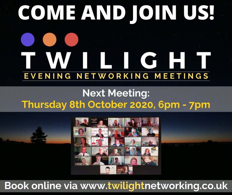 TwilightN3twork's tweet photo. Come along to the next Twilight Evening Networking Zoom meeting on Thurs 8th of Oct @ 6pm.
https://t.co/gZKkTLRBIr

https://t.co/fqGVmVSIHp

#twilightnetworking #business #networking #businessnetworking #businessconnections #businesscommunity  #onlinenetworking #networkingevents https://t.co/Q1sCo7webQ
