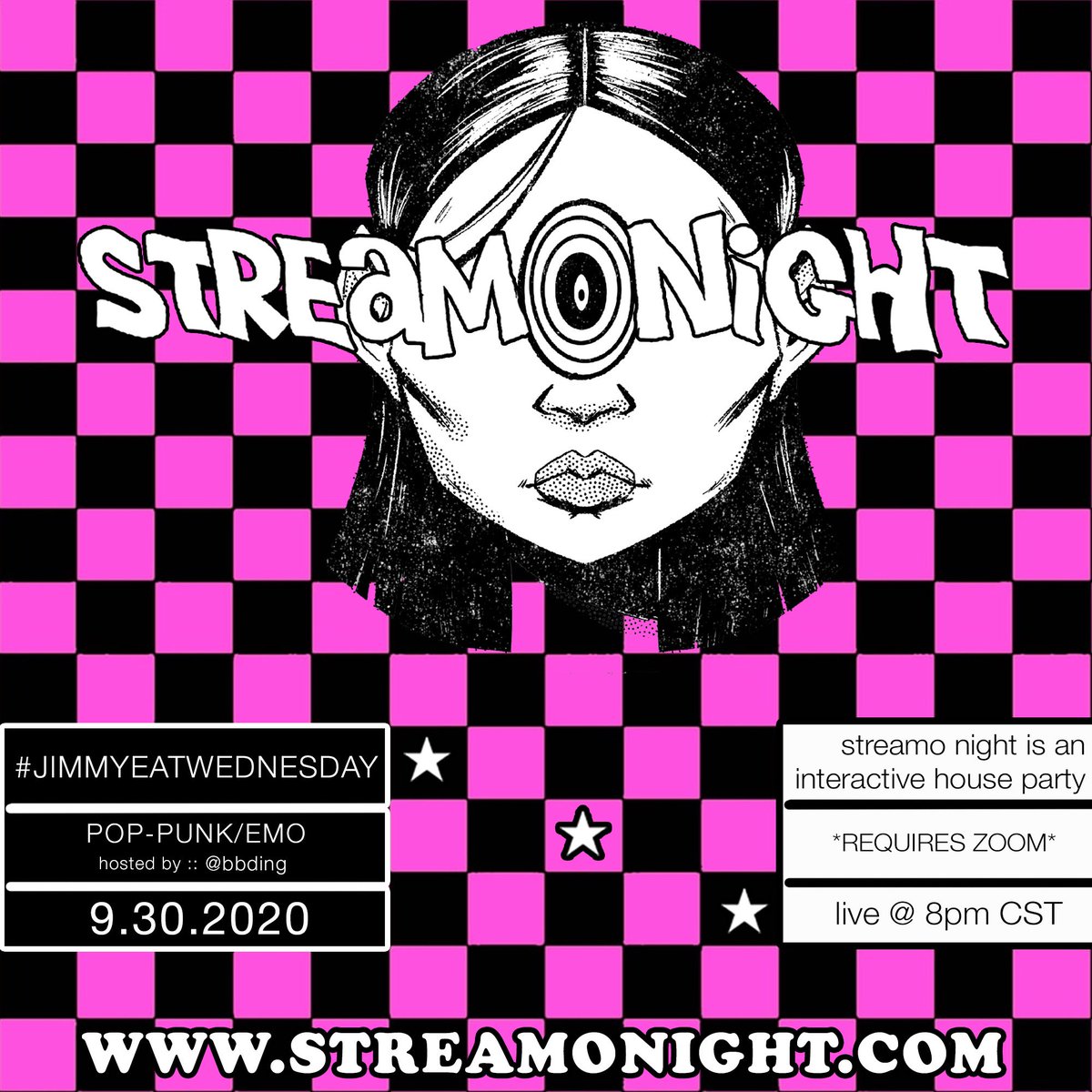 streamonight's tweet image. Feeling sad today? Us too. Come thru tonight 😣 #JimmyEatWednesday playing all things emo @ 8pm CT on streamonight.com

How to JOIN via site: Click the “join” button &amp;amp; turn on ur CAMS via Zoom - - or just hit “watch” to see it all unfold! l8r sk8rs 🤘