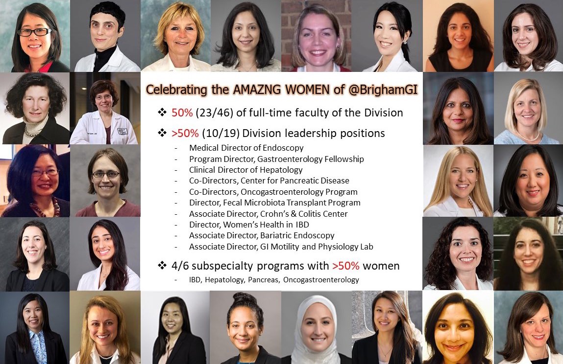 Brigham and Women's GI (@brighamgi) on Twitter photo In honor of #WomenInMedicine Month, we celebrate the amazing women of #BrighamGI!
🌟50% of #BrighamGI faculty are women
🌟>50% of leadership positions are held by women
🌟4 of 6 subspecialties are predominantly comprised of women
#WomenInGI #HerTimeisNow #SheLeadsHealthcare In honor of #WomenInMedicine Month, we celebrate the amazing women of #BrighamGI!
🌟50% of #BrighamGI faculty are women
🌟>50% of leadership positions are held by women
🌟4 of 6 subspecialties are predominantly comprised of women
#WomenInGI #HerTimeisNow #SheLeadsHealthcare