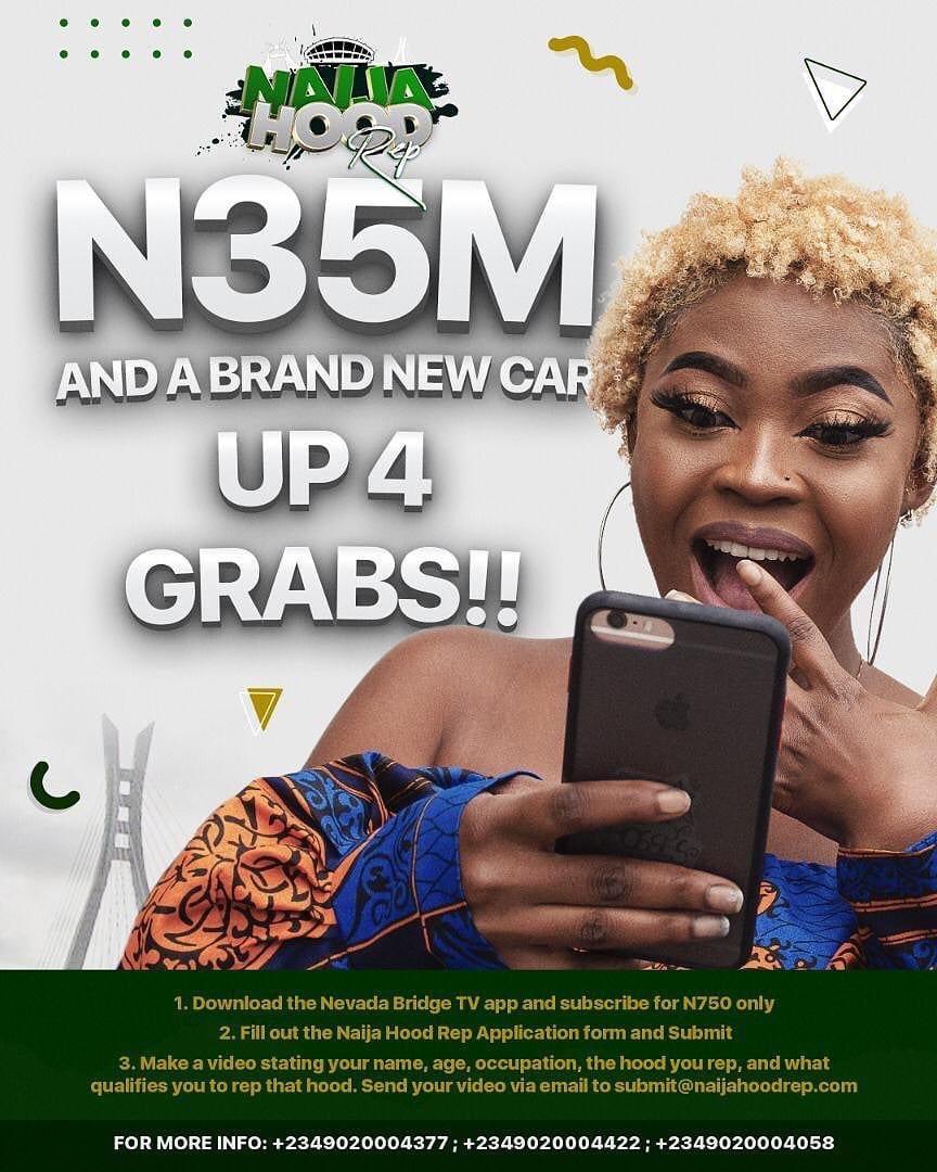 arahmeedhey's tweet photo. 35 million naira 💰💰and a brand new car 🚘 is up for grabs 🥺 I’m not missing this for anything 🤩 it’s not too late to register, hurry 🏃‍♀️ #Whereyourep Lagos or Ibadan 🤔 download @nevadabridgetv subscribe for 750 naira and register online @naijahoodrep 💃🥳 https://t.co/NJNNaW2STU