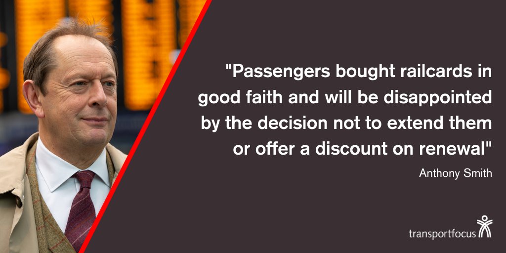 TransportFocus's tweet photo. We're really disappointed by this decision. We wanted to see @_Railcards extended or a discount on renewal offered for those cardholders who did as the government asked and avoided travel earlier this year. https://t.co/OWlETy9GZb