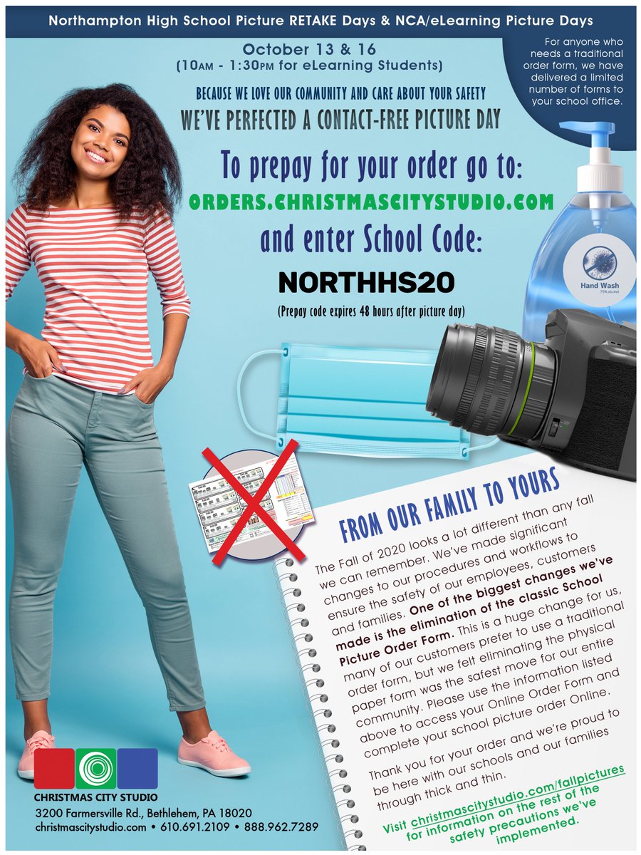 Picture Makeup Days for hybrid students will be by grade level on 10/13 (A-K) and 10/16 (L-Z) from 8-10 am. NCA and eLearning students can schedule their pictures via signupgenius.com/go/nahselearn for either day from 10am - 1:30pm. Details on Schoology; preorder/payment info below.