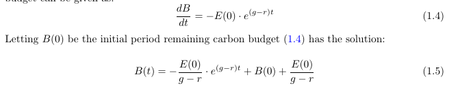 We can get these numbers from a hugely useful differential equation that relates remaining carbon budget (B) with initial emissions E(0) and the rates of economic growth (g) and intensity decline (r).