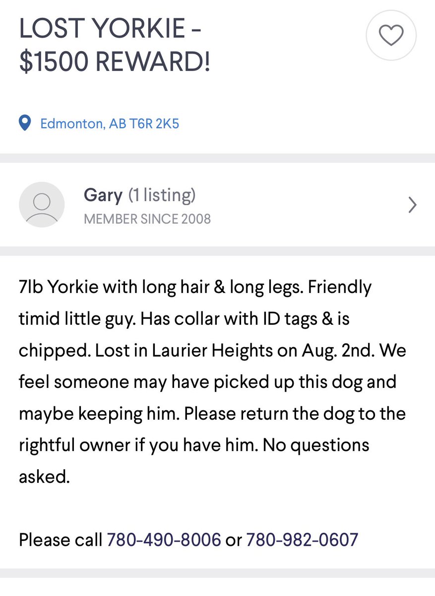 ChronicPainDad's tweet photo. Saw this on Kijiji. Hoping to help the owners. #Edmonton #yegmedia #Yeg #yeg #Alberta #Dogs #MissingDog #EdmontonHumaneSociety ⁦@EdmontonHumane⁩ https://t.co/7bZ9qftDPW