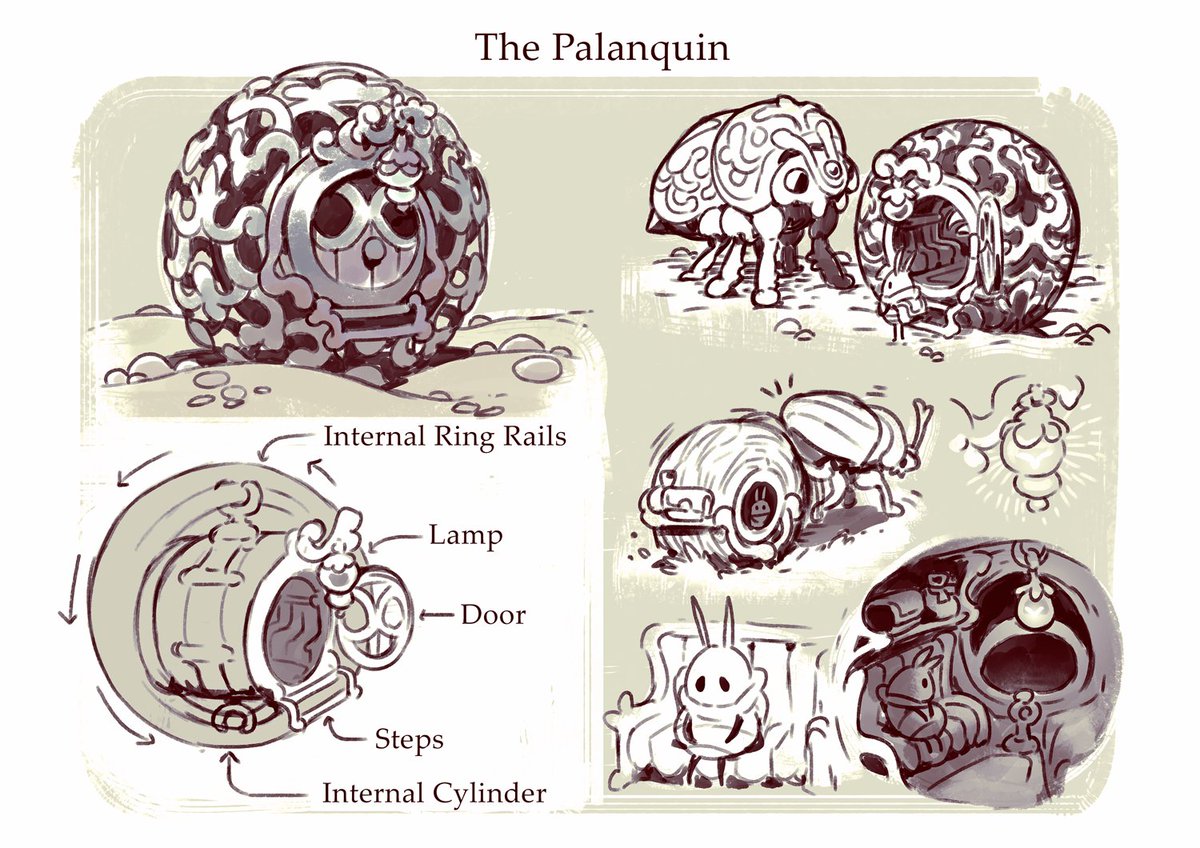 Requinoesis's tweet photo. Concept of a vehicle for the #HollowKnight Inspired by the Dung Beetles. 🪲

A palanquin, like a monocycle, pushed by a large beetle. In the past, he served the bourgeoisie of an ancient kingdom of termites, inside a large tree, which is now shattered over a desert of cold sands. https://t.co/ztoNrKlYZo