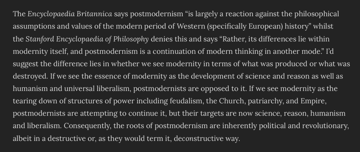 Again, postmodernism targets science, reason, liberalism & humanism; it has always been essentially political and revolutionary, Pluckrose says: contradicts earlier claim that it was first nihilistic, eventually growing into its “revolutionary ‘identity politics’ phase.” [5/n]