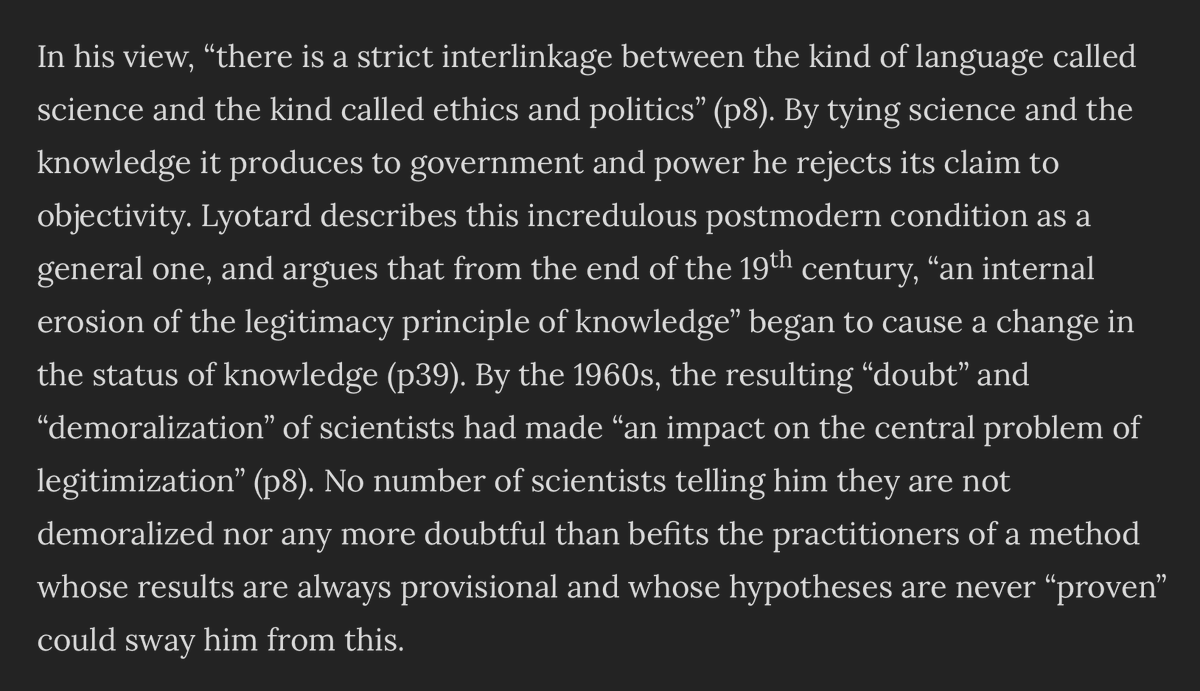 Then we get this paragraph--last sentence is beyond petty.  First: As I read Lyotard, the point about the relationship between language of science and ethics=both are fundamentally structured according to requirement of legitimation. No rejection of science’s objectivity. [8/n]