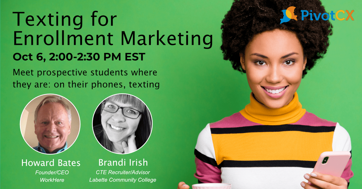 hw_bates's tweet photo. Join me and Brandi Irish from Labette community college for a conversation on how texting can improve engagement in enrollment marketing by over 100%. https://t.co/LVOBNRQ1fm  #highered #enrollment #colleges #recruitment https://t.co/EmunqPqtf3