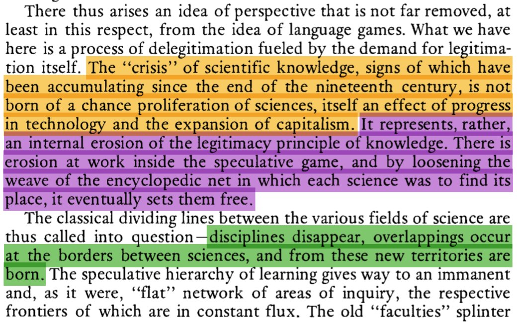 Second: Though this “erosion” Lyotard speaks of may sound ominous, it is only bc the traditional mode of legitimation (metanarrative) has died out that Lyotard finds a plausible solution: each discrete (postmodern) scientific discipline is a self-legitimating language game. [9/n]
