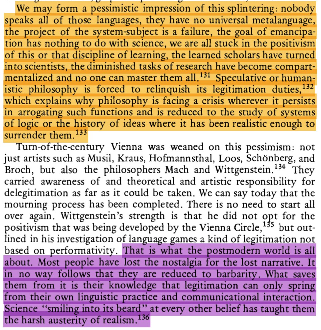 Second: Though this “erosion” Lyotard speaks of may sound ominous, it is only bc the traditional mode of legitimation (metanarrative) has died out that Lyotard finds a plausible solution: each discrete (postmodern) scientific discipline is a self-legitimating language game. [9/n]