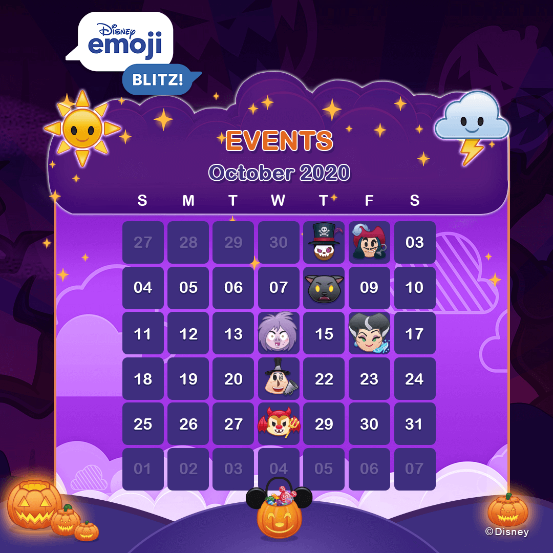 disneyemoji's tweet photo. October events in #DisneyEmojiBlitz!

📆 https://t.co/FhWilBoWT3 

💀Spirit Spectacular Token Quest: 10/1-31
⏰ Hook: 10/2-6
😼 Hocus Pocus: 10/8-12
😈 Villains: 10/14-15
👠 Lady Tremaine: 10/16-19
🎃 Nightmare Before Christmas: 10/21-26
👻 #Halloween: 10/28-11/1 https://t.co/LxrBzb0yFd