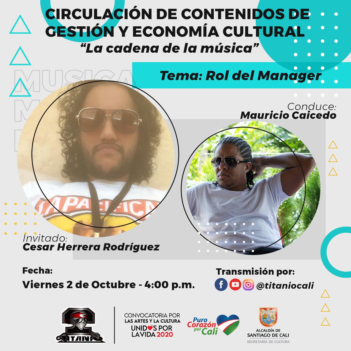 TitanioCali's tweet photo. Octubre será un mes para resaltar a quienes hacen parte de #lacadenadelamúsica. 🎶 

Este viernes 2 de octubre a las 4pm tendremos nuestro primer encuentro de circulación virtual

Acompáñanos en la transmisión 💻 📱🖥 a través de @titaniocali @Borojomusic https://t.co/b8h3reFiMF