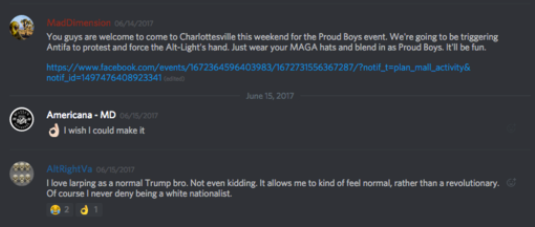 Unite The Right organizer Jason Kessler had already parted ways w/ Proud Boys leadership - but that didn't mean they weren't still useful to him. Leaked chats show he discussed using Proud Boys as cover to pass as "average Trump supporters..under attack"  https://unicornriot.ninja/2017/data-release-discord-logs-expose-regional-networks-planning-unitetheright/